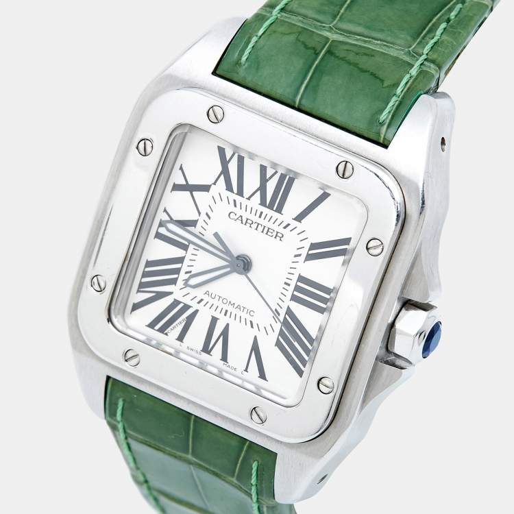 Pre Owned Cartier Silver White Stainless Steel Alligator Leather Santos 100 W20073X8 Men's Wristwatch 38 mm