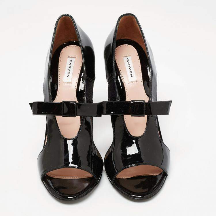 Pre Owned  Carven Black Patent Leather Bow Cut-Out Sandals Size 37