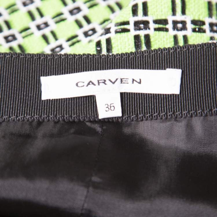 Pre Owned Carven Kiwi Green Textured Checkered Pencil Skirt S