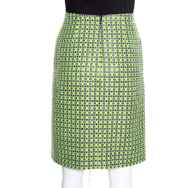 Pre Owned Carven Kiwi Green Textured Checkered Pencil Skirt S