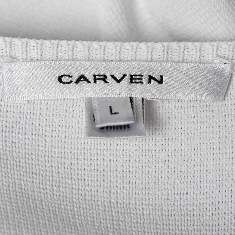 Pre Owned Carven White Rib Knit Belted Short Sleeve Skater Dress L