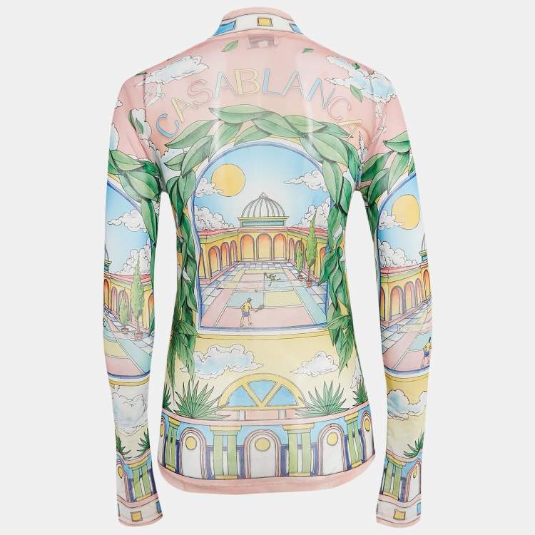 Pre Owned Casablanca Pink/Green Printed Stretch Mesh Sheer Top M