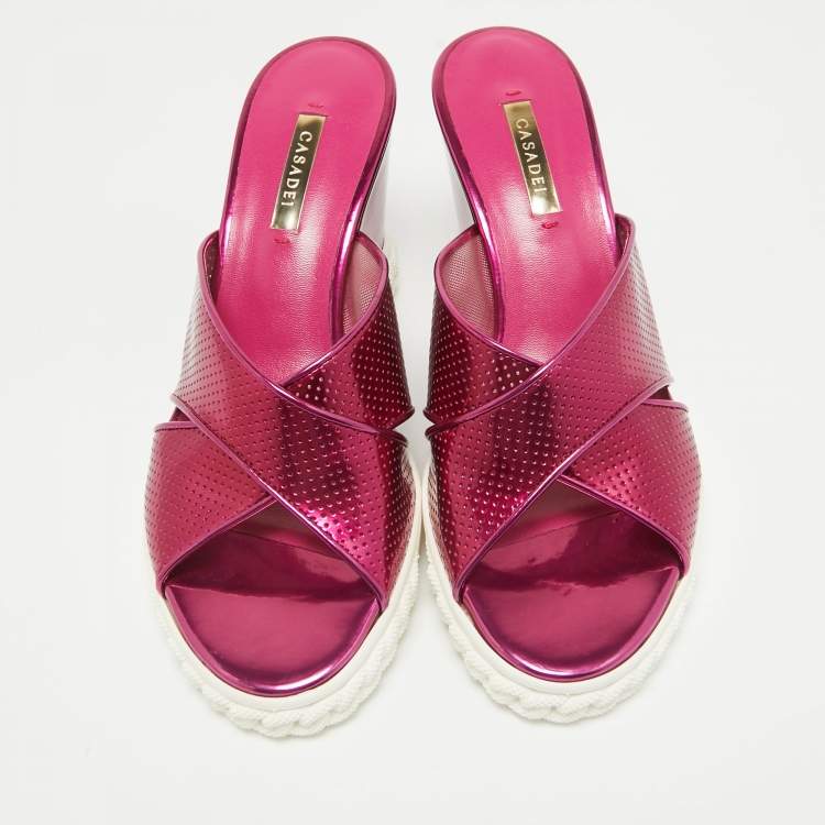 Pre Owned Casadei Purple Patent Leather Wedge Sandals Size 39