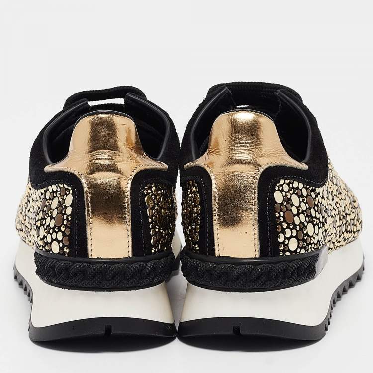Pre Owned Casadei Black/Gold Suede and Leather Studded Low Top Sneakers Size 37