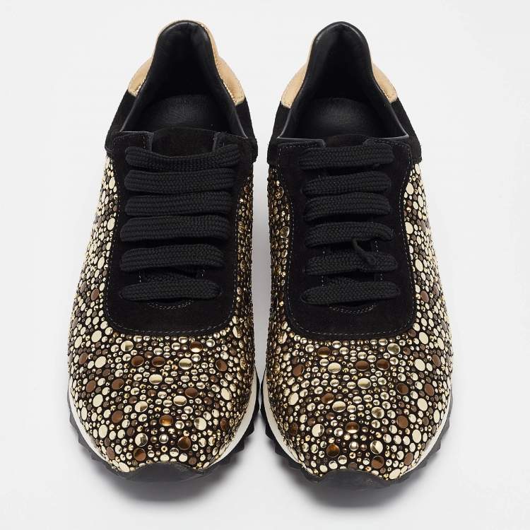 Pre Owned Casadei Black/Gold Suede and Leather Studded Low Top Sneakers Size 37