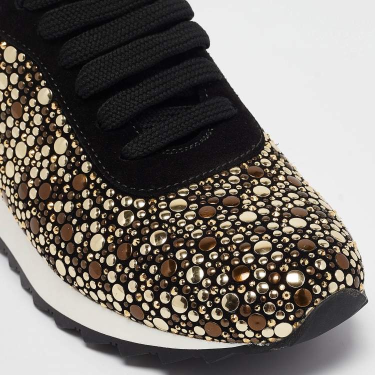 Pre Owned Casadei Black/Gold Suede and Leather Studded Low Top Sneakers Size 37