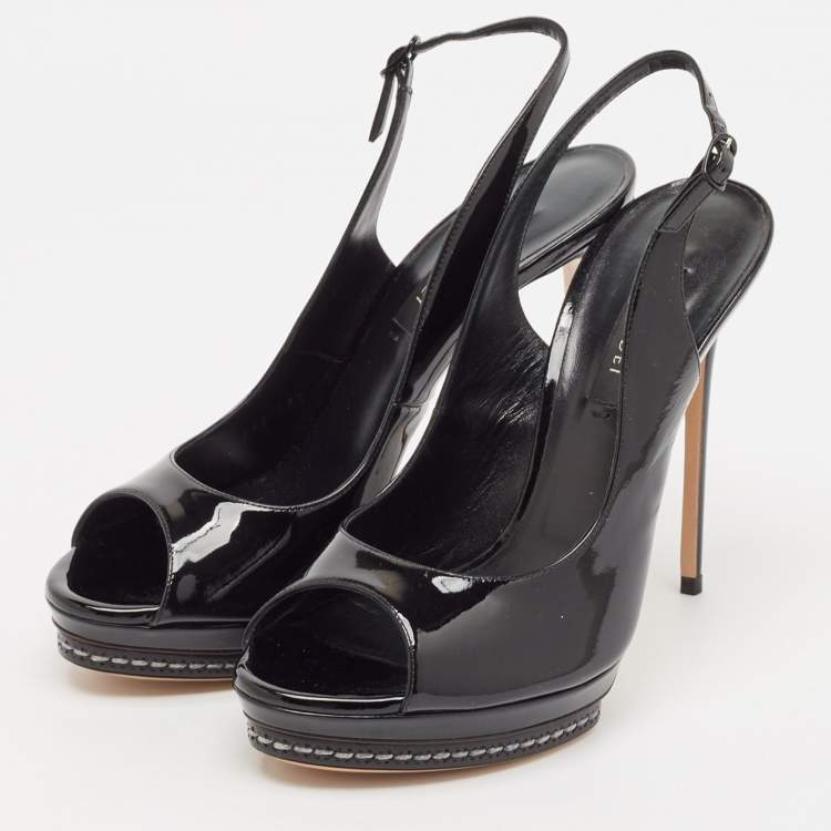 Pre Owned Casadei Black Patent Leather Platform Slingback Sandals Size 38.5