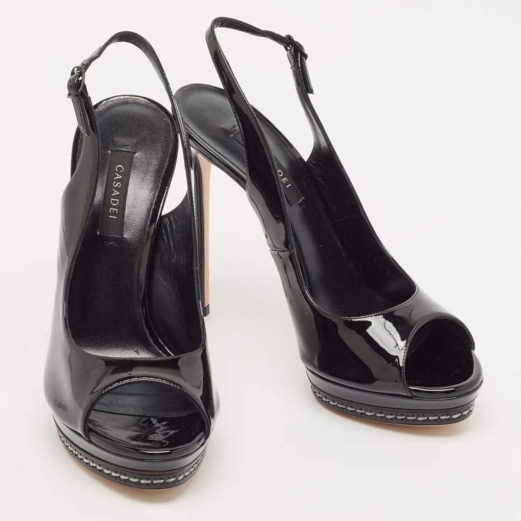 Pre Owned Casadei Black Patent Leather Platform Slingback Sandals Size 38.5
