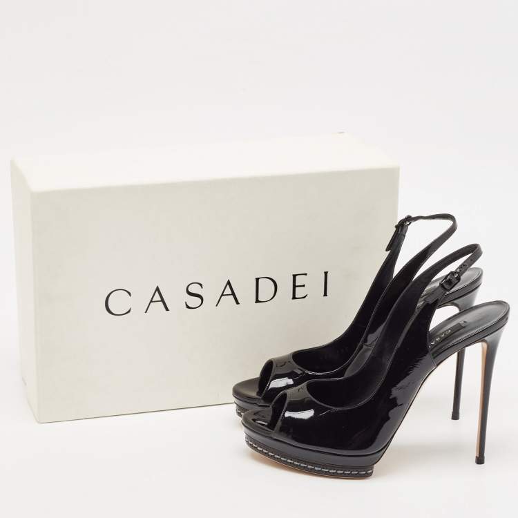 Pre Owned Casadei Black Patent Leather Platform Slingback Sandals Size 38.5