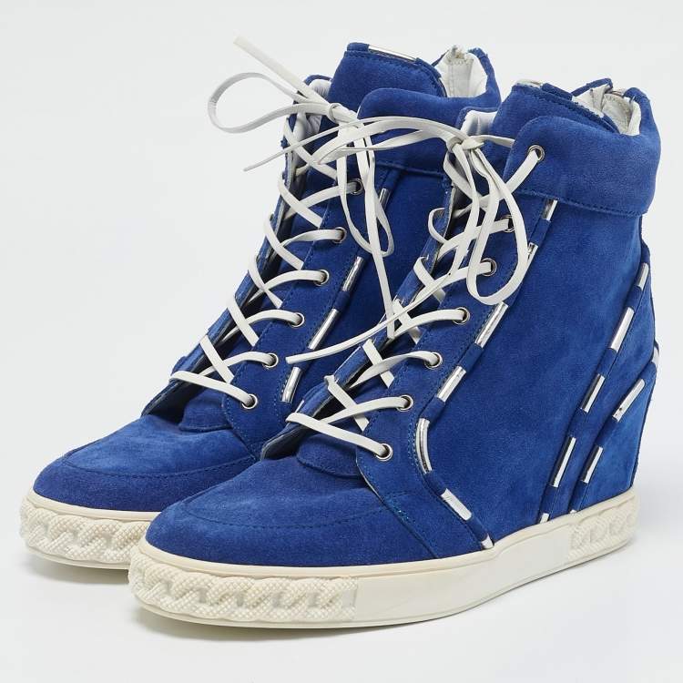Pre Owned Casadei Blue Suede Wedge High Top Sneakers Size 38
