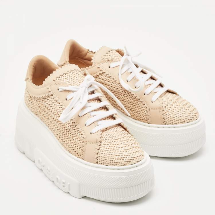 Pre Owned Casadei Beige Woven Leather Nexus Hanoi Platform Sneakers Size 39