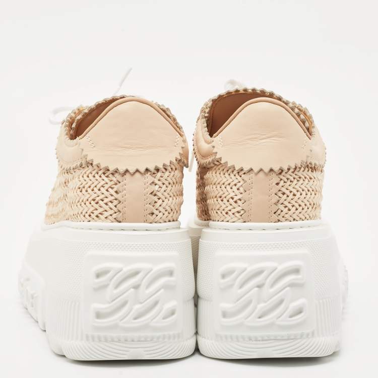 Pre Owned Casadei Beige Woven Leather Nexus Hanoi Platform Sneakers Size 39