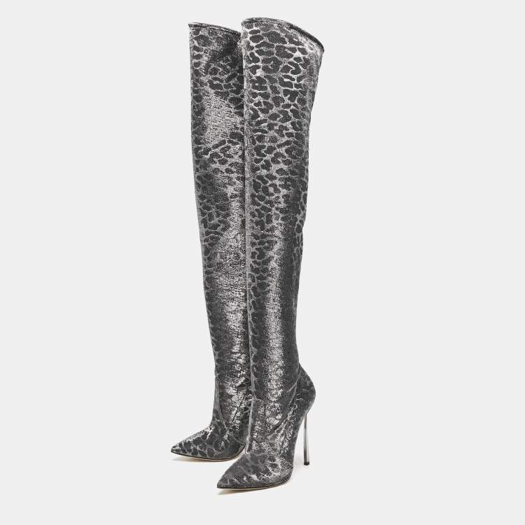 Pre Owned Casadei Grey Leopard Print Lurex Fabric Thigh High Boots Size 36