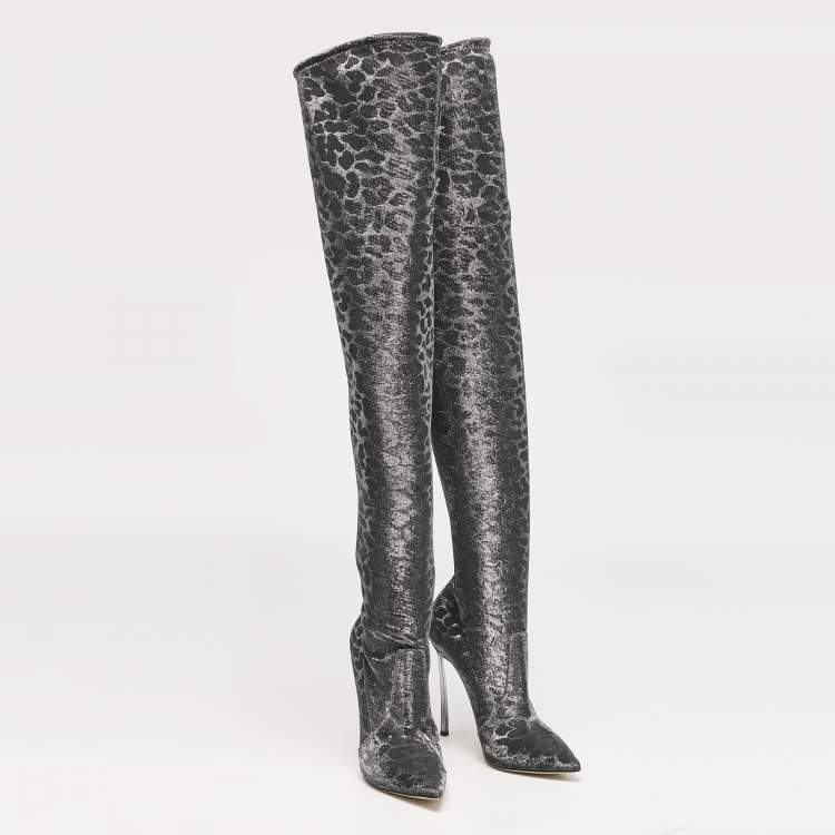 Pre Owned Casadei Grey Leopard Print Lurex Fabric Thigh High Boots Size 36