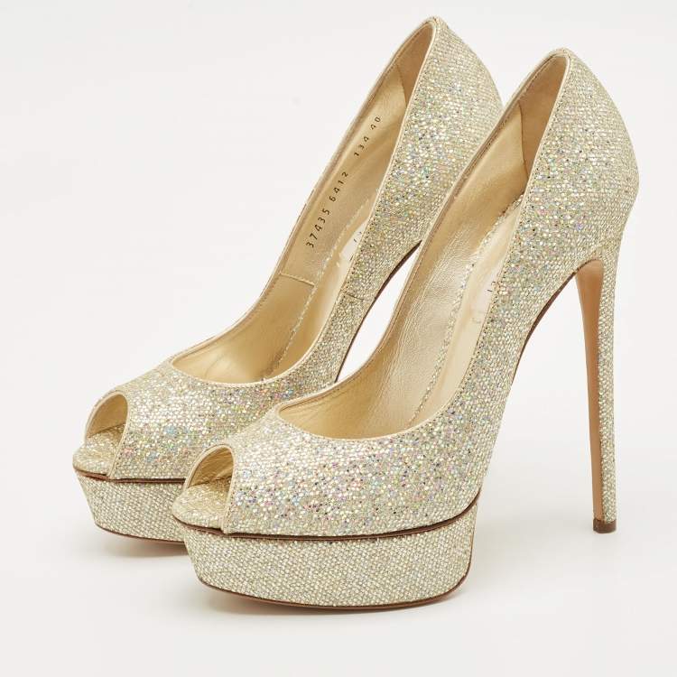 Pre Owned Casadei Gold Glitter Daisy Platform Pumps Size 40