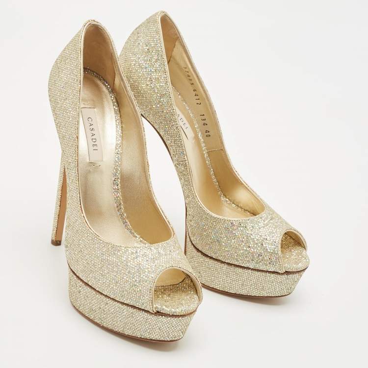 Pre Owned Casadei Gold Glitter Daisy Platform Pumps Size 40