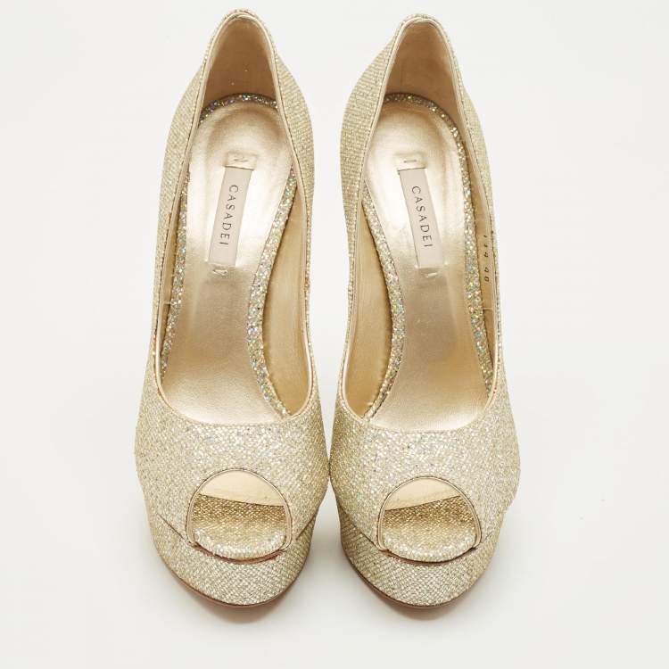Pre Owned Casadei Gold Glitter Daisy Platform Pumps Size 40