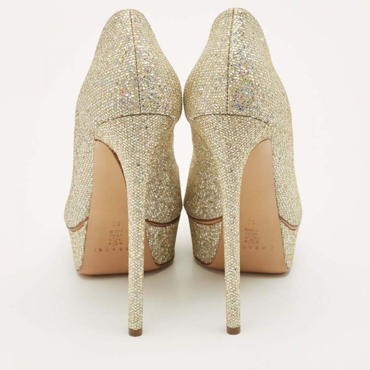 Pre Owned Casadei Gold Glitter Daisy Platform Pumps Size 40