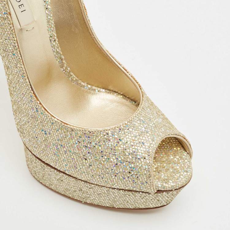 Pre Owned Casadei Gold Glitter Daisy Platform Pumps Size 40