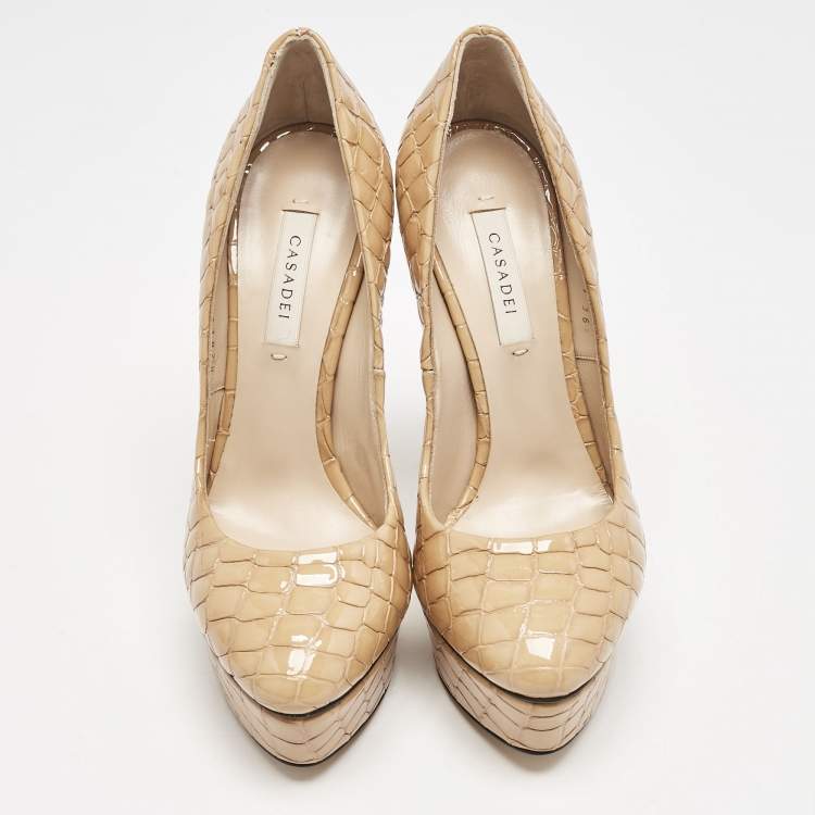Pre Owned Casadei Beige Croc Embossed Patent Leather Platform Pumps Size 36