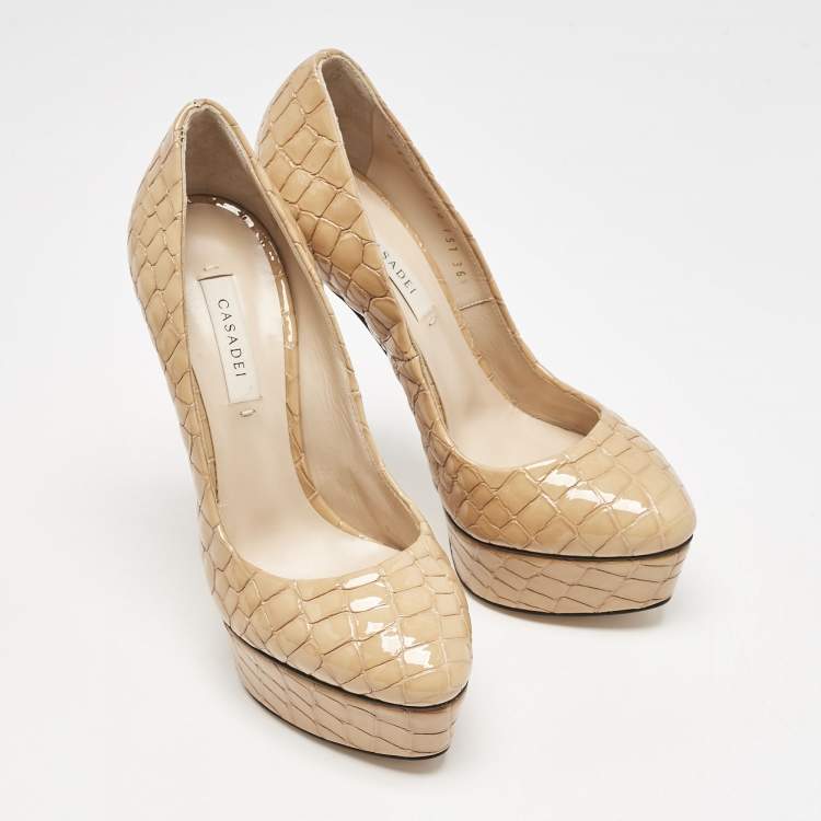 Pre Owned Casadei Beige Croc Embossed Patent Leather Platform Pumps Size 36