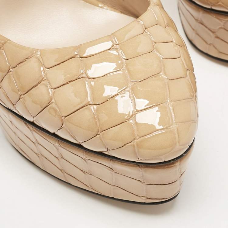 Pre Owned Casadei Beige Croc Embossed Patent Leather Platform Pumps Size 36