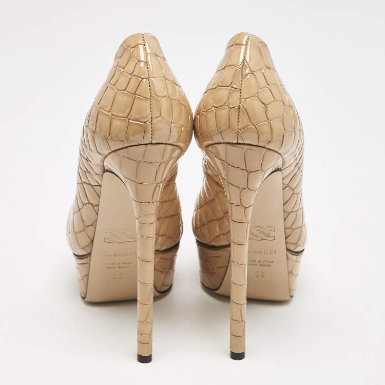 Pre Owned Casadei Beige Croc Embossed Patent Leather Platform Pumps Size 36