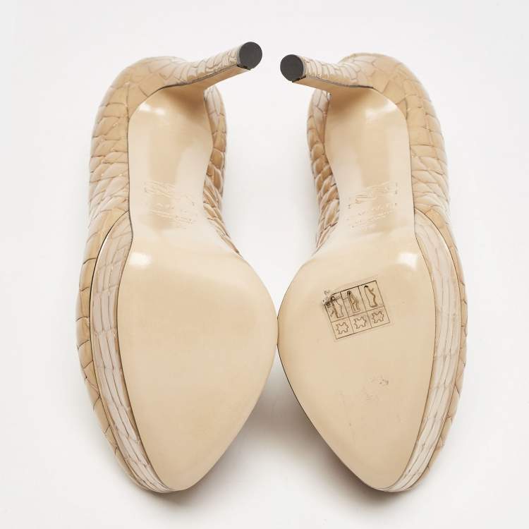 Pre Owned Casadei Beige Croc Embossed Patent Leather Platform Pumps Size 36