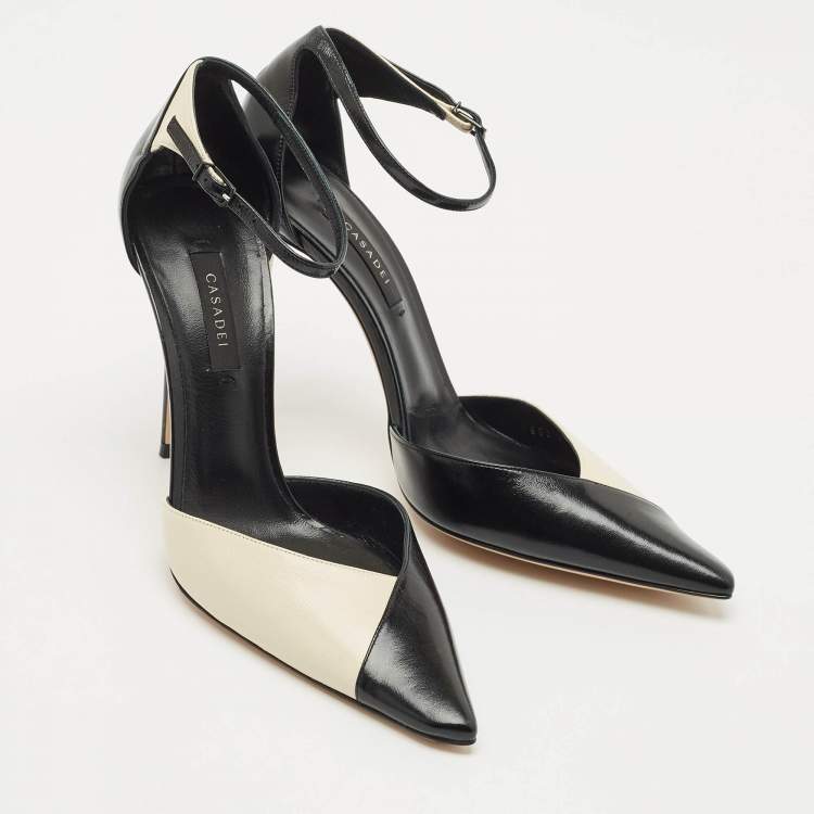 Pre Owned Casadei Cream/Black Leather Pointed Toe Mary Jane Pumps Size 39
