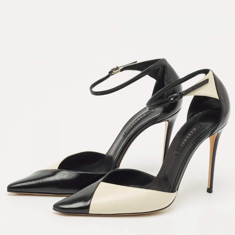 Pre Owned Casadei Cream/Black Leather Pointed Toe Mary Jane Pumps Size 39
