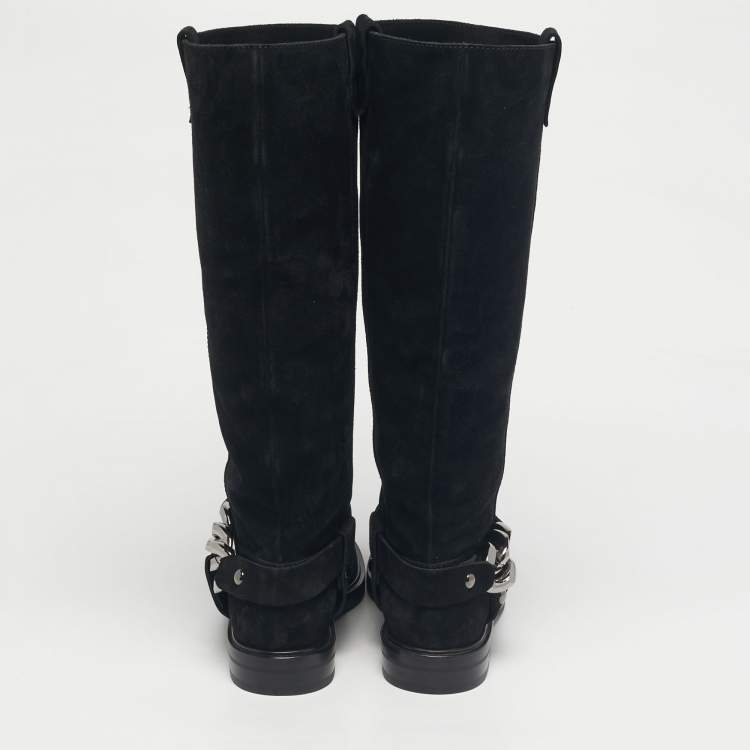 Pre Owned Casadei Black Suede Chain Detail Knee Length Boots Size 38.5