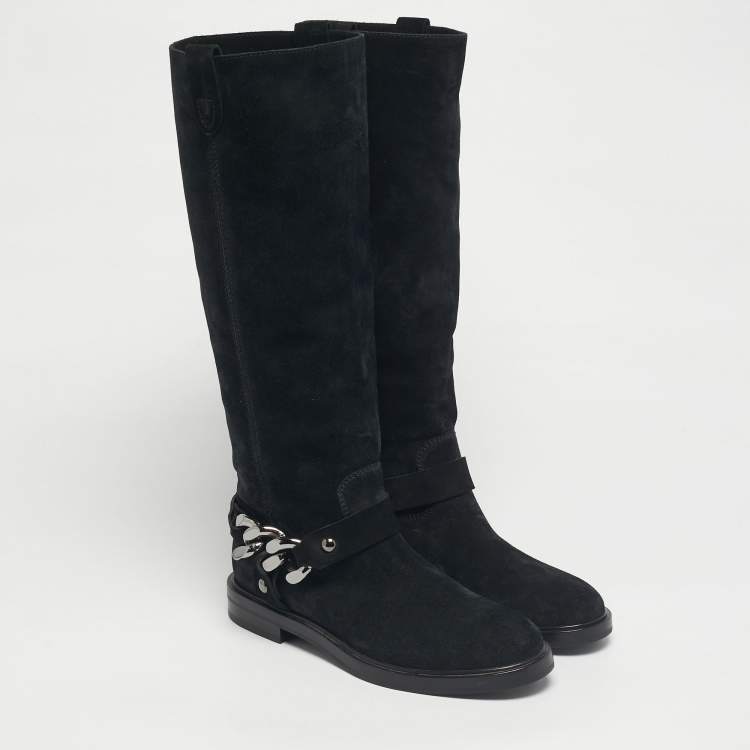 Pre Owned Casadei Black Suede Chain Detail Knee Length Boots Size 38.5