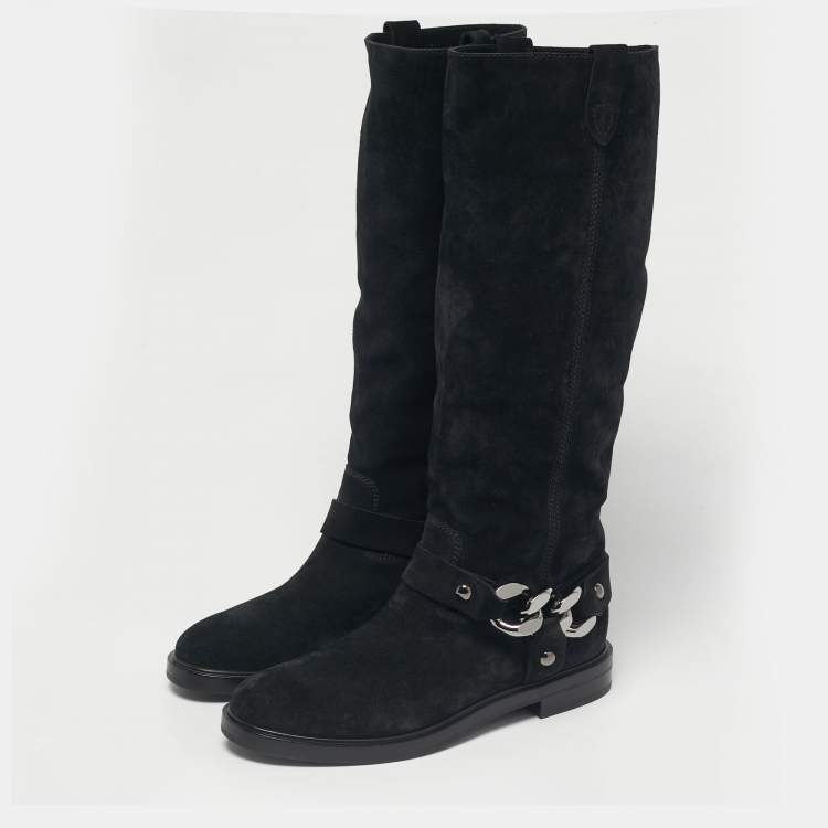 Pre Owned Casadei Black Suede Chain Detail Knee Length Boots Size 38.5