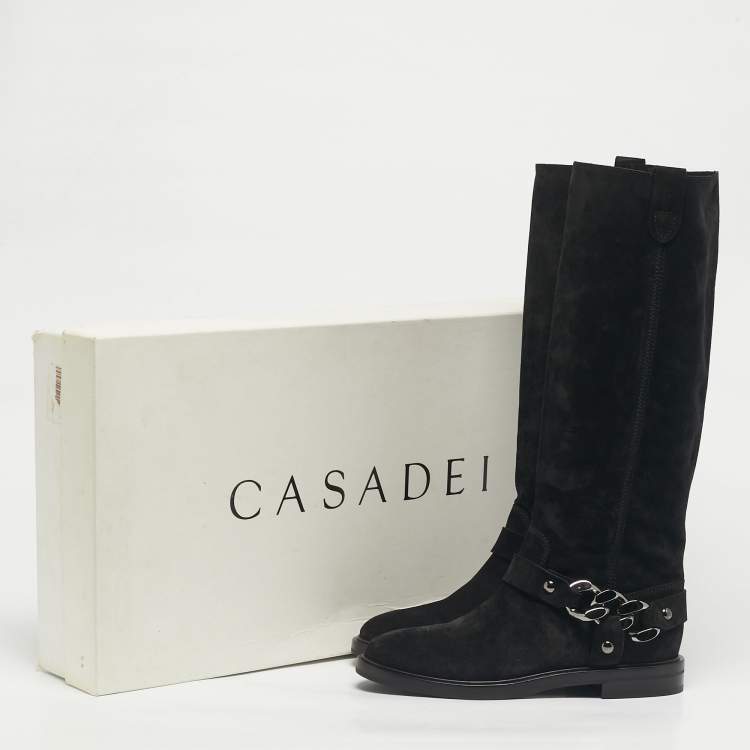 Pre Owned Casadei Black Suede Chain Detail Knee Length Boots Size 39