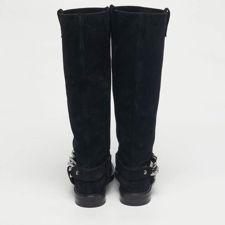 Pre Owned Casadei Black Suede Chain Detail Knee Length Boots Size 39