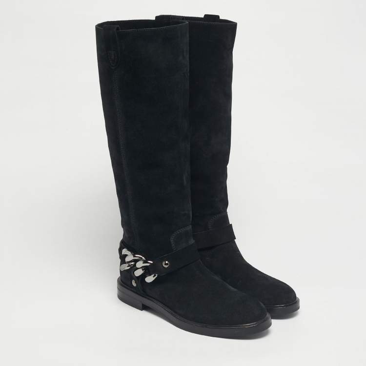 Pre Owned Casadei Black Suede Chain Detail Knee Length Boots Size 39
