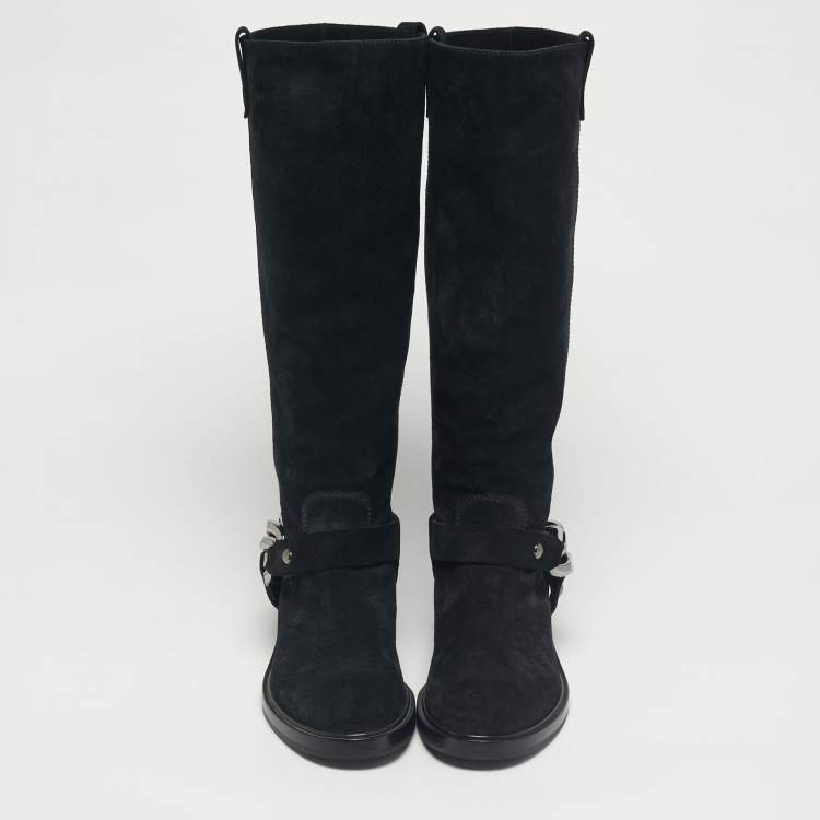 Pre Owned Casadei Black Suede Chain Detail Knee Length Boots Size 39