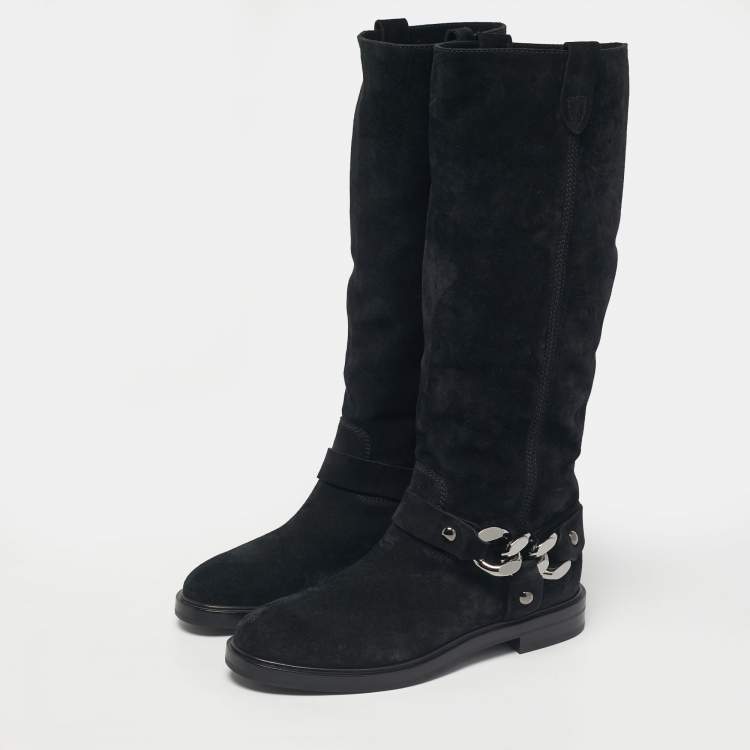 Pre Owned Casadei Black Suede Chain Detail Knee Length Boots Size 39