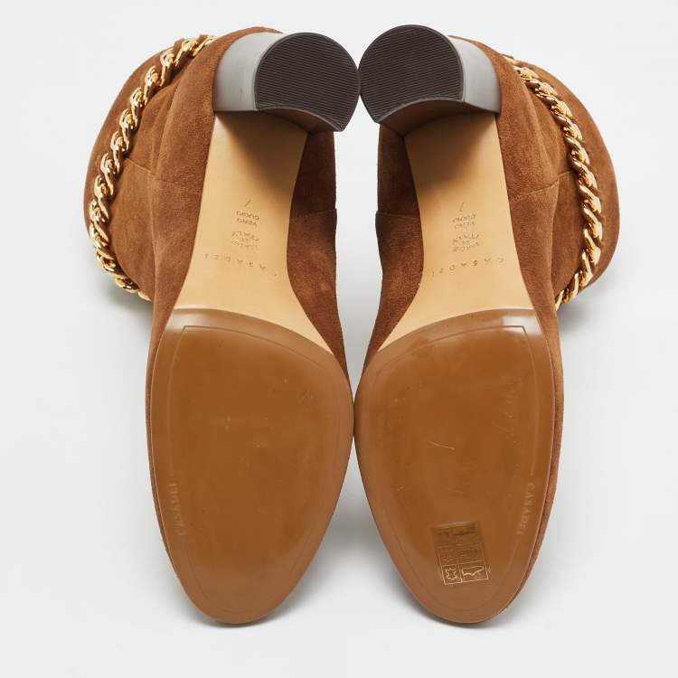 Pre Owned Casadei Brown Suede Chain Embellished Ankle Boots Size 37