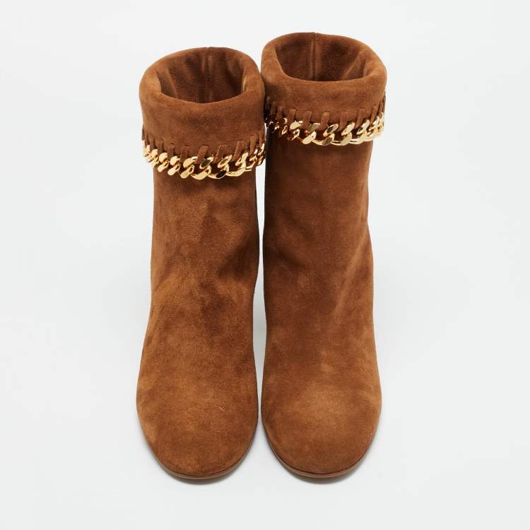 Pre Owned Casadei Brown Suede Chain Embellished Ankle Boots Size 37