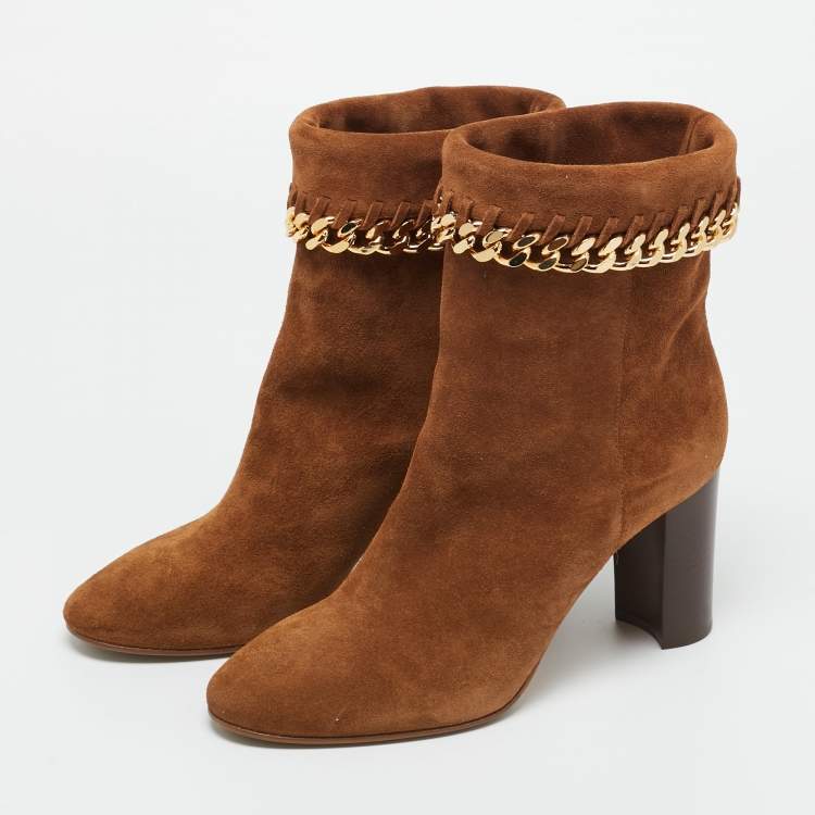 Pre Owned Casadei Brown Suede Chain Embellished Ankle Boots Size 37