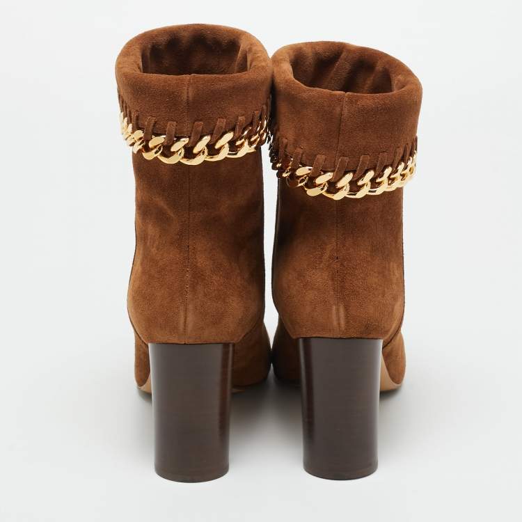 Pre Owned Casadei Brown Suede Chain Embellished Ankle Boots Size 39