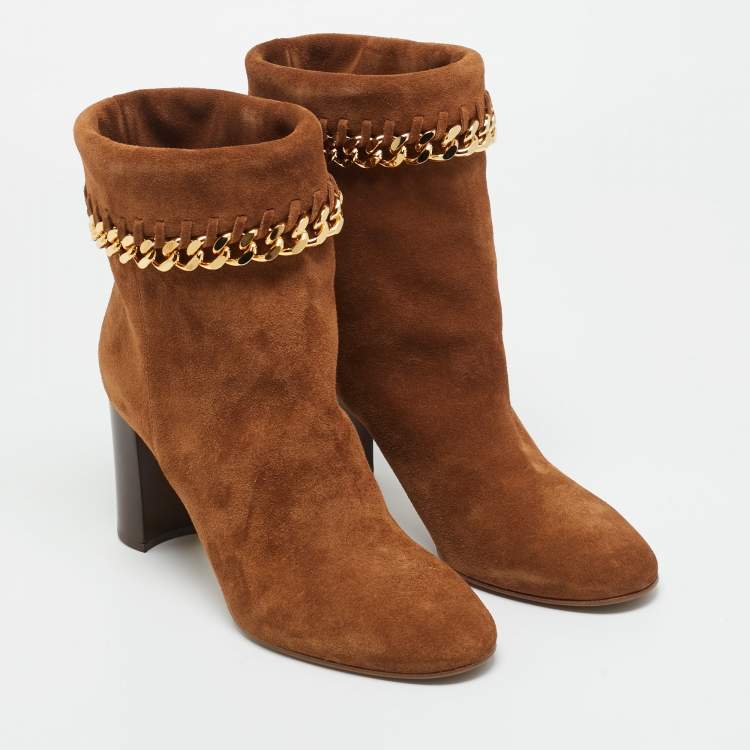 Pre Owned Casadei Brown Suede Chain Embellished Ankle Boots Size 39