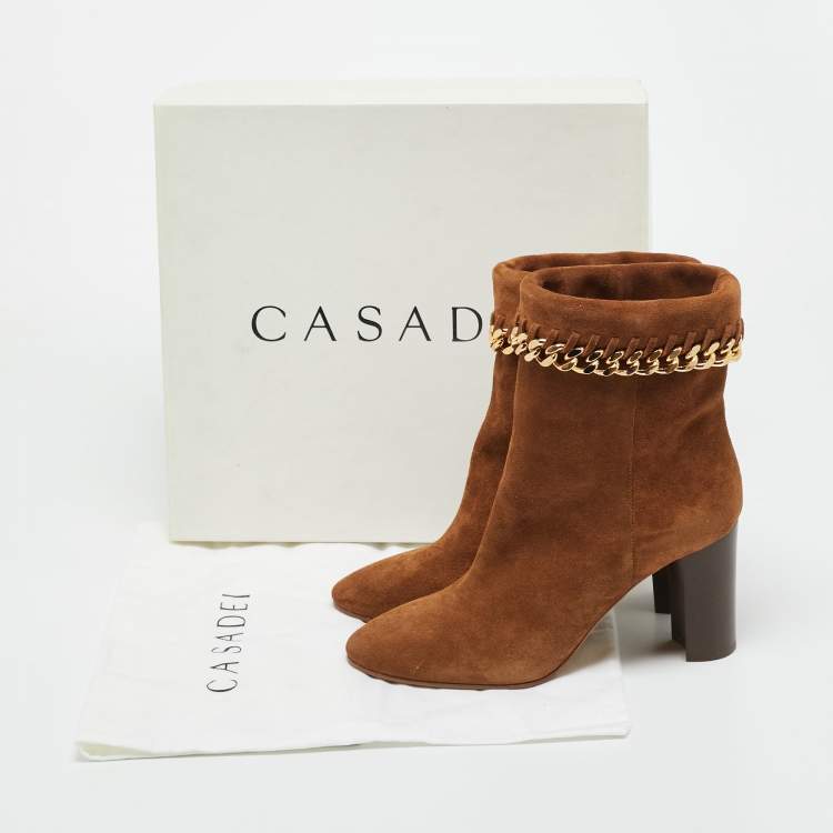 Pre Owned Casadei Brown Suede Chain Embellished Ankle Boots Size 39