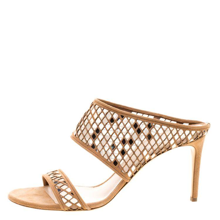 Pre Owned Casadei Beige Suede Laser Cut Peep Toe Sandals Size 41 