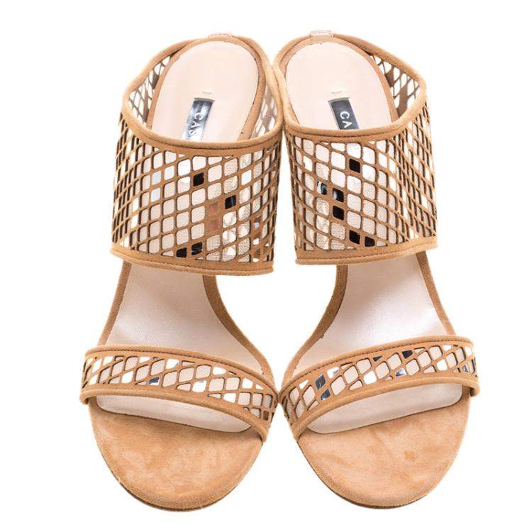 Pre Owned Casadei Beige Suede Laser Cut Peep Toe Sandals Size 41 