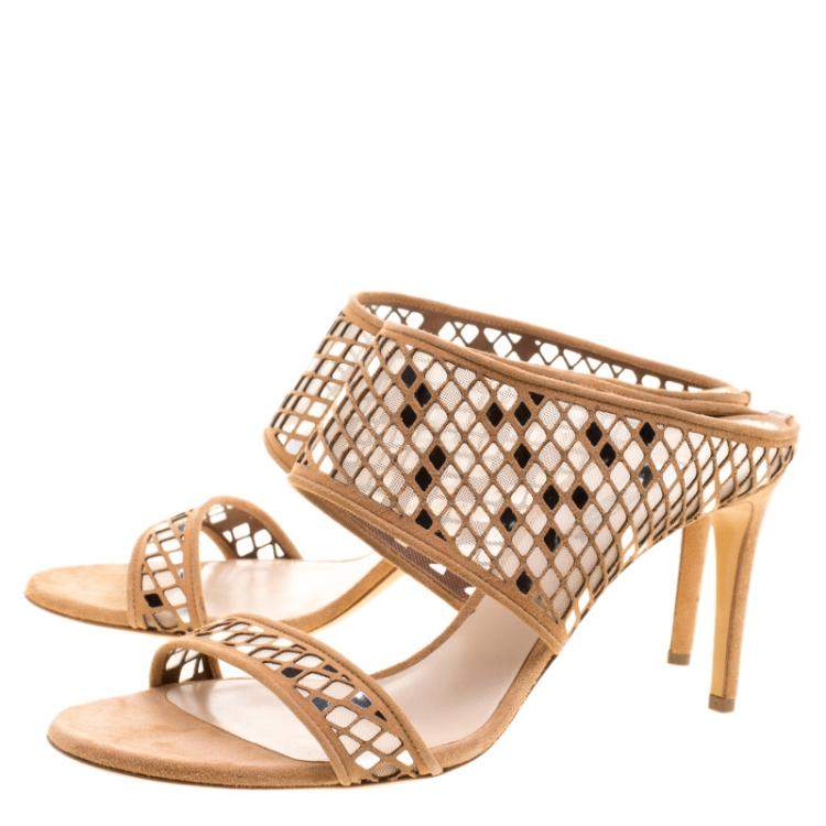 Pre Owned Casadei Beige Suede Laser Cut Peep Toe Sandals Size 41 