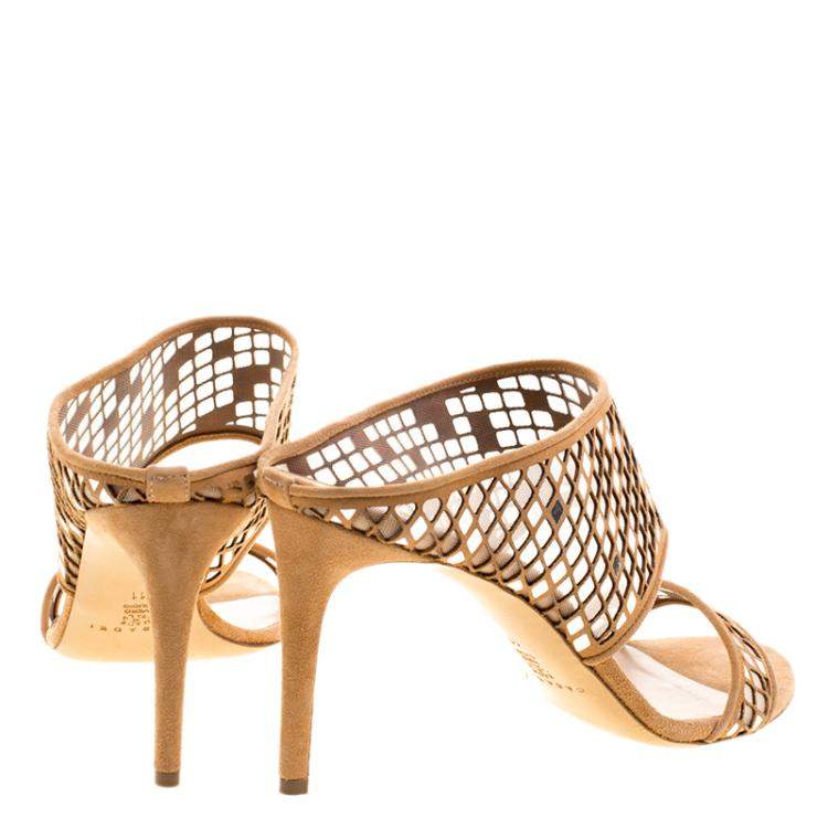 Pre Owned Casadei Beige Suede Laser Cut Peep Toe Sandals Size 41 