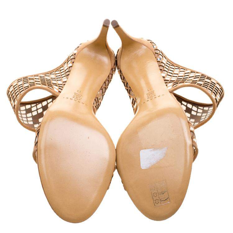 Pre Owned Casadei Beige Suede Laser Cut Peep Toe Sandals Size 41 