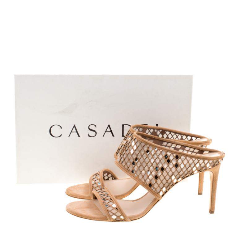 Pre Owned Casadei Beige Suede Laser Cut Peep Toe Sandals Size 41 